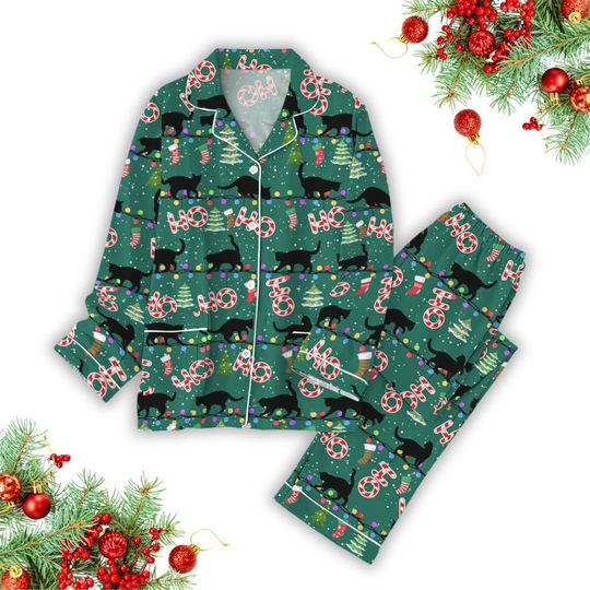 Discover Cat Christmas Pajama Set, Cute Cat PJs, Cat Lovers Lounge Set, Animal Print Sleepwear, Xmas Outfit for Cat Owners