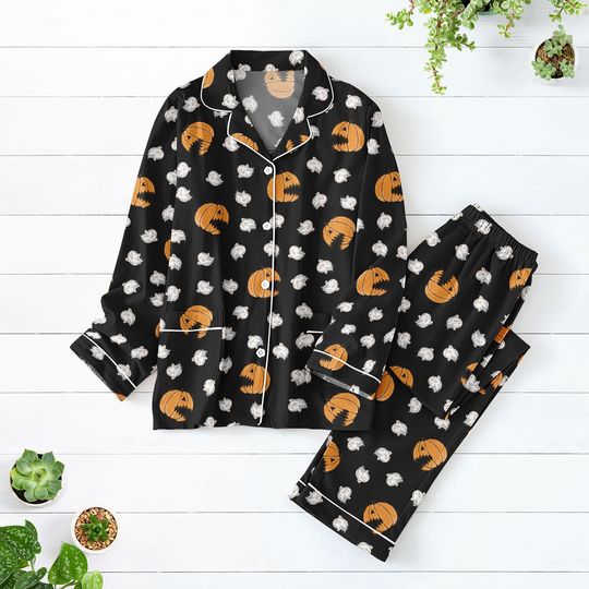 Discover Pumpkin Chasing Ghost Pajama Set, Halloween Ghost and Pumpkin Sleepwear, Funny Pacman Ghost Pajamas, Adult Loungewear
