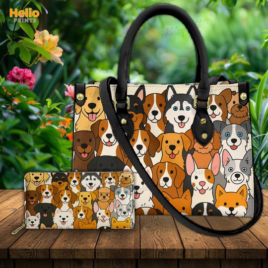Discover Cartoon Dog Handbag, Dog Faux Leather Tote Bag, Dog Lover Gift, Husky, Golden Retriever, Beagle, Poodle, Corgi, Shiba, Chihuahua