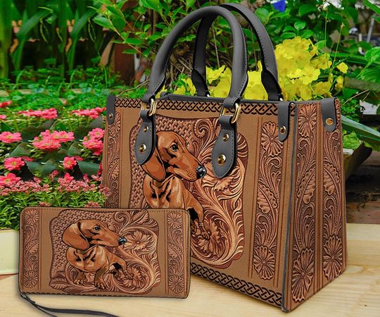Discover Dachshund Dog Leather Handbag & Wallet, Dachshund Dog Shoulder Bag, Custom Bag, Retro Handbag, Mother's Day Gift, Gift For Mom.