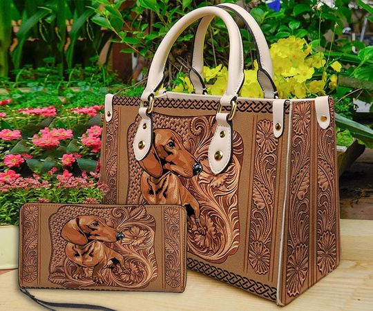 Discover Dachshund Dog Leather Handbag & Wallet, Dachshund Dog Shoulder Bag, Custom Bag, Retro Handbag, Mother's Day Gift, Gift For Mom.