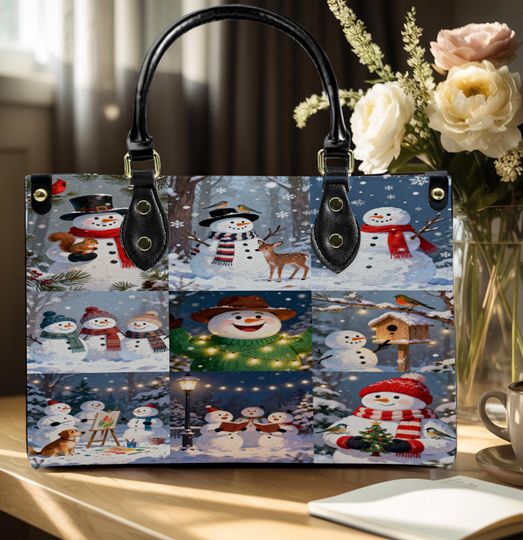 Discover Christmas Snowman Personalized Leather Handbag, Snowman Personalized Shoulder Bag, Vintage Crossbody Bag, Top Handle Bag