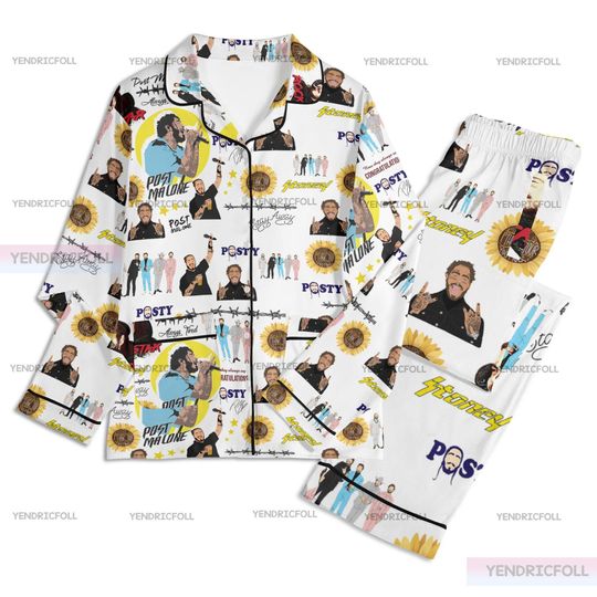 Post Malone Rapper Unisex Long Sleeve Adult Nightwear Pajama Set, Post Malone Pajamas, Adult Pajamas Set, Silk Pajamas Set, Christmas Gift