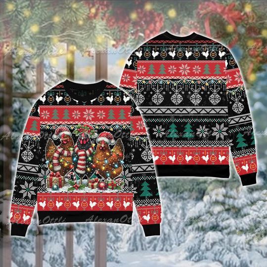 Christmas Chicken Ugly Sweater, Funny Farm Animal Holiday Sweatshirt, Cute Chicken Xmas Sweater, Farmer Holiday Pullover