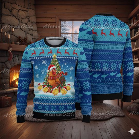 Womens Chicken Ugly Christmas Sweater, Funny Holiday Jumper, Cozy Xmas Cartoon Sweater, Farm Animal Xmas Outfit, Christmas Gift