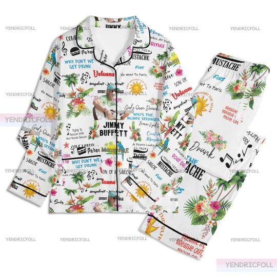 Discover Jimmy Buffet Music Unisex Long Sleeve Adult Nightwear Pajama Set, Jimmy Buffet Pajamas, Adult Pajamas Set, Music Gifts, Silk Pajamas Set