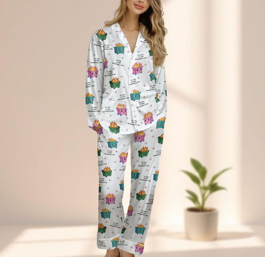 Discover Dumpster Fire Satin Pajama Set, Funny Chaos Sleepwear, Meme Loungewear Set, Humor Matching Pajamas Set, Hot Mess Pjs, Gift For Her