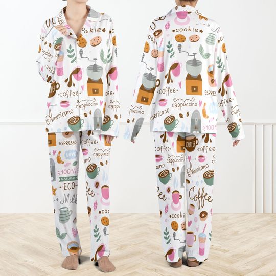 Discover Coffee Silky Satin Pajama Set For Women, Cute Cookie Print Sleepwear , Cozy Long Sleeve Loungewear , Gift for Coffee Lovers