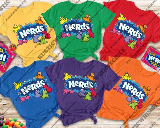 Discover Funny Nerds Candy Halloween Shirt | Retro Sweet Costume Tee 2025 | Colorful Parody Top | Family Matching Outfit | Cute Group Party Shirt