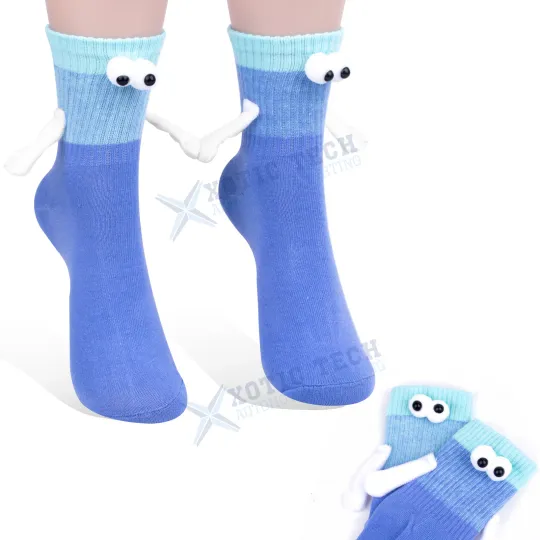 Blue Holding Hands Socks, Novelty Magnetic Funny Socks Gift for Lovers Friends