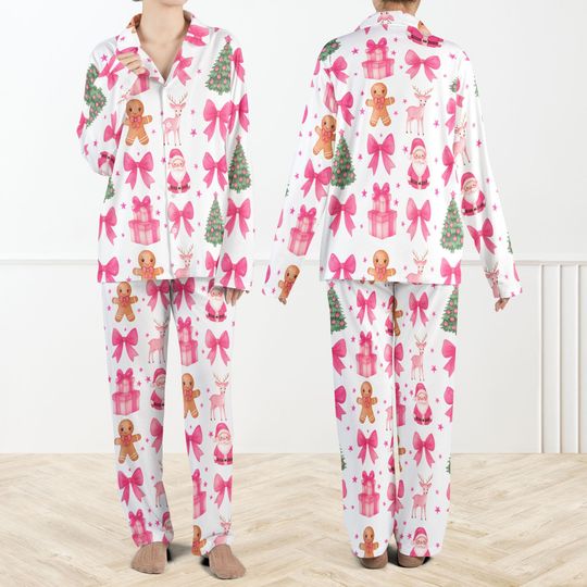Discover Coquette Pink Christmas Silky Satin Pajama Set For Women Anh Kisd, Cute Christmas Pajamas, Gingerbread Santa Reindeer Holiday Sleepwear