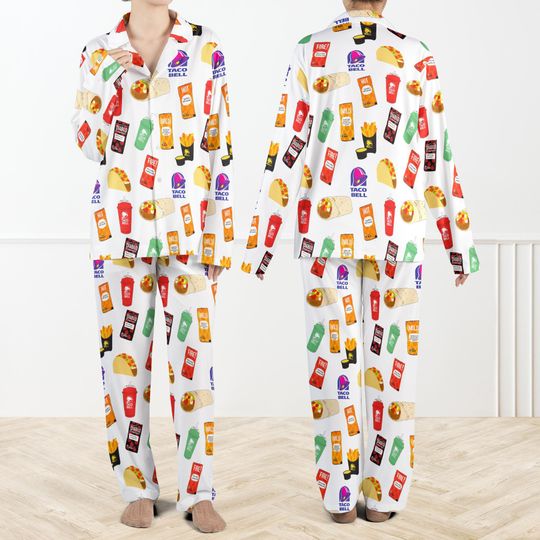 Fast Food Print Pajama Set For Women, Taco Bell Pajamas Set, Taco Bell Pajamas Set, Funny Taco PJs for Food Lovers,Fast Food Sleepwear Women