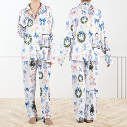 Coquette Chinoiserie Christmas Satin Pajama Set For Women, Nutcracker Christmas Pajamas, Cute Gingerbread Xmas PJs, Cozy Winter Loungewear