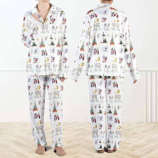 Watercolor Christmas Silky Satin Pajama Set For Women, Paris Christmas Pajamas, Cozy Xmas Loungewear, Winter Pajama Set for Women