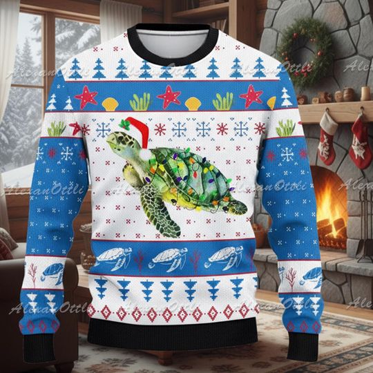 Sea Turtle Christmas Sweater, Funny Turtle Ugly Xmas Sweatshirt, Ocean Marine Animal Holiday, Cute Beach Christmas Gift