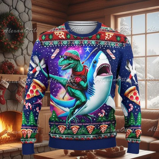 Discover Dinosaur Riding Shark Ugly Christmas Sweater, Funny Dino Shark Xmas Sweatshirt, Crazy Pizza Holiday Party, Christmas Gift