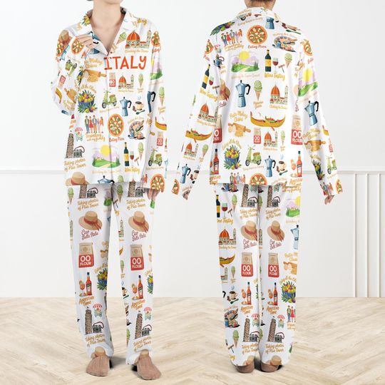 Italian Vacation Silky Satin Pajama Set For Women, Italia Travel Pajamas, Italy Family Pyjamas Set, Italy Lover Gift
