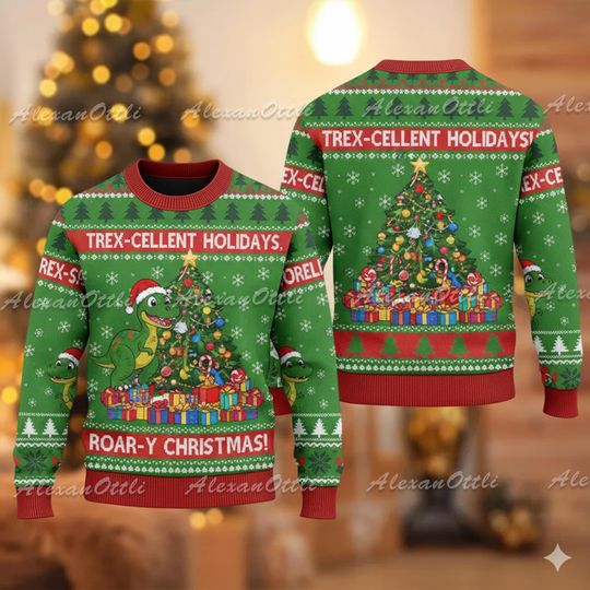 Dinosaur Christmas Sweatshirt, Ugly Xmas Sweater, Funny Dino Holiday Crewneck, Cute Spooky Dinosaur Christmas Gift