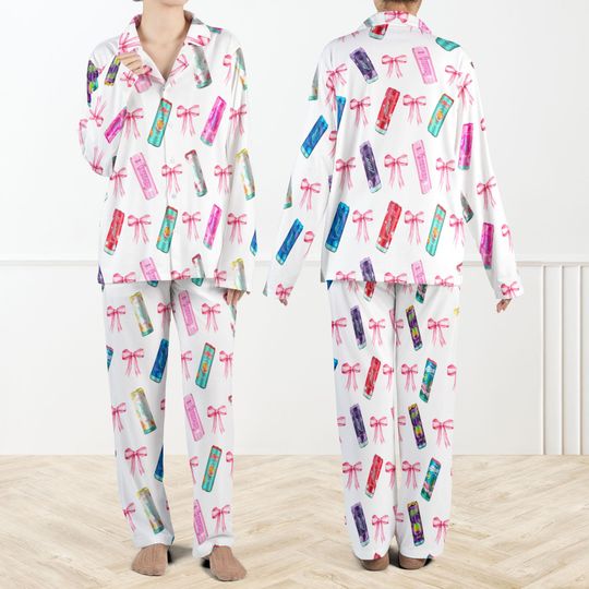 Discover Summer Energy Drink Silky Satin Pajama Set For Women, Cute Perfume Bottle Pajamas Set, Pink Bow Print Womens Sleepwear