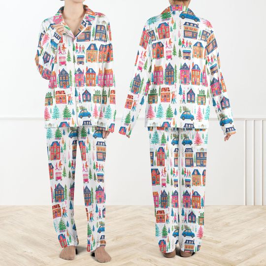 Discover Watercolor Christmas Town Silky Satin Pajama Set For Women, Holiday House Print Sleepwear, Cozy Winter Loungewear Gift, Long Sleeve PJs