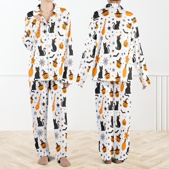 Black Cat Halloween Pajamas Set For Women, Black Cat Pumpkin PJs,  Spooky Cute Fall Sleepwear for Women, Fall Holiday Pajamas, Spooky Season