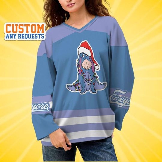 Custom Christmas Eeyore Color Basic Hockey Jersey, Disney Baseball Jersey Sports, Cute Birthday Gifts For Fans, Disneyland Family