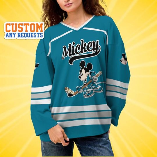 Discover Personalize Disney Mickey Blue Hockey, Cute Birthday Gifts For Fans, Disney Hockey Jersey, Disneyland Family
