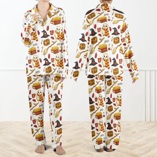 Discover Wizard School G Silky Satin Pajama Set For Women, Magic Owl Print Sleepwear, Cozy Long Sleeve PJs, Gift for Book & Movie Fans
