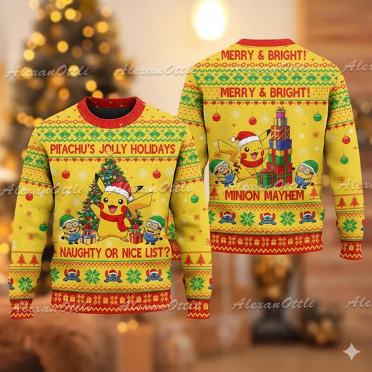 PKM Pika Christmas Sweater, All I Want Pika Ugly Sweatshirt, Xmas Gift for Men Women Kids