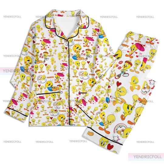 Tweety Bird Cartoon Unisex Long Sleeve Adult Nightwear Pajama Set, Tweety Bird Pajamas, Adult Pajamas Set, Silk Pajamas Set, Christmas Gift