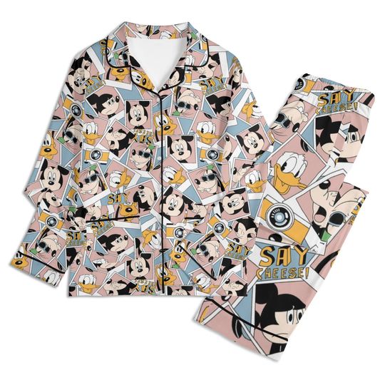 Discover Mickey and Friends Unisex Long Sleeve Adult Nightwear Pajama Set, Cartoon Pajamas Set, Adult Pajamas Set, Silk Pajamas Set, Christmas Gifts