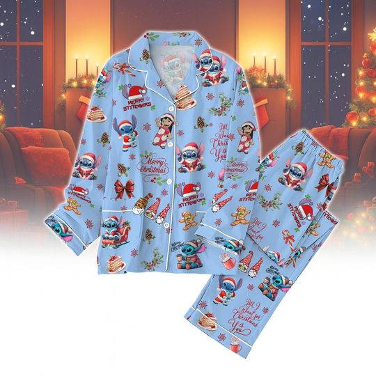 Discover Lilo and Stitch Christmas Pajamas, Blue Disney Sleepwear Set, Cute Holiday Gift Family Matching, Xmas Holiday Kid Pajamas, Christmas