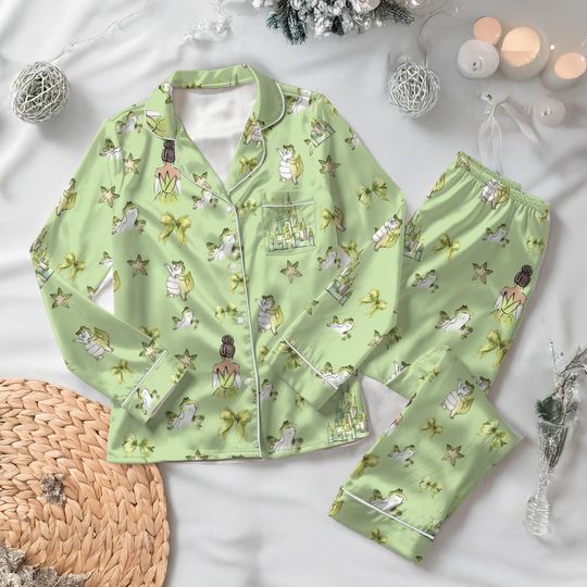 Discover Tiana Princess And The Frog Pajamas Set, Coquette Bows Disney Women Pajamas, Princess Tiana Holiday Pajamas, Disney Cartoon Pjs