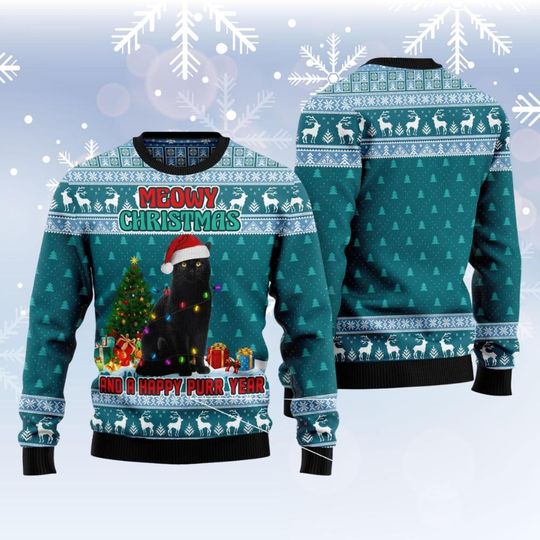 Discover Black Cat Christmas Ugly Sweater, Meowy Holiday Sweater