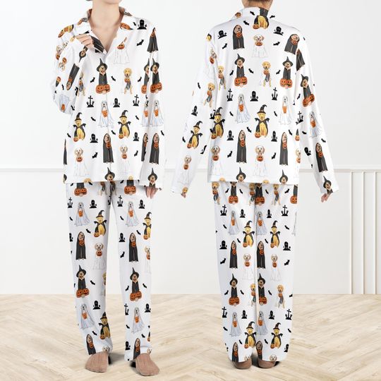 Golden Retriever Halloween Ghost Dogs Silky Satin Pajama Set For Women, Halloween Dog Pyjama, Dog Lover Gift, Golden Mama Pajama Set