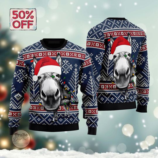 Discover Funny Donkey Santa Hat Ugly Christmas Sweater