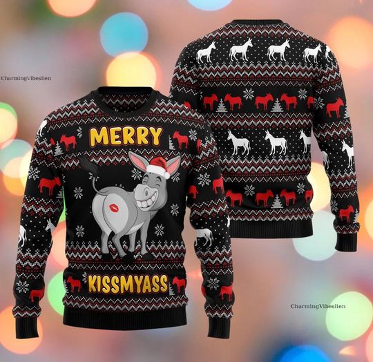 Donkeys Merry Kissmyass Ugly Christmas Sweater, Funny Holiday Jumper, Hilarious Animal Xmas Pullover Gift for Adults 2025