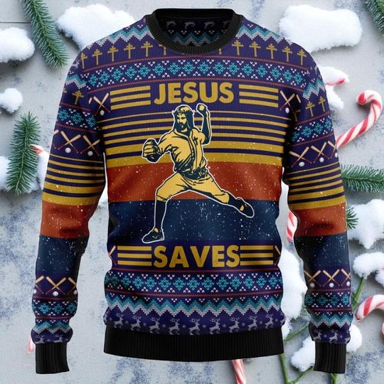 Ugly Christmas Sweater Jesus Saves Baseball, Jesus Print Christmas Sweater