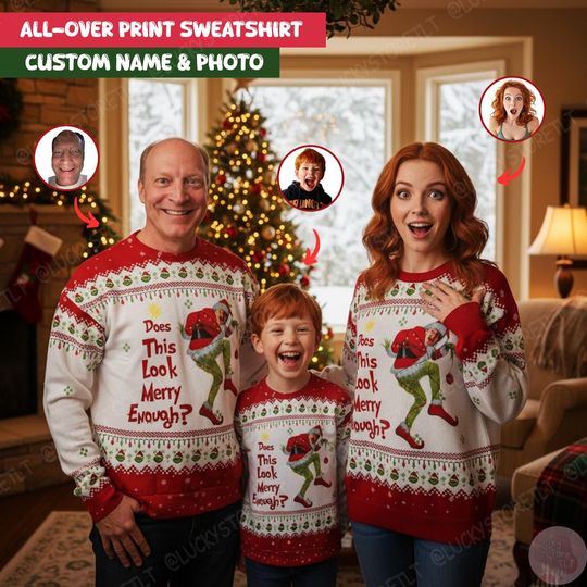 Discover Personalized Family Face Ugly Christmas Sweatshirt, Custom All Over Print Sweater with Photo, Funny Disney Outfit, Matching Family Xmas Gift