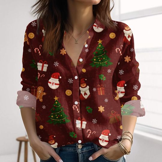 Discover Snowman Christmas Linen-Look Shirt, Merry Xmas Women Shirt, Winter Party Blouse Shirt, Cute Christmas Ideas