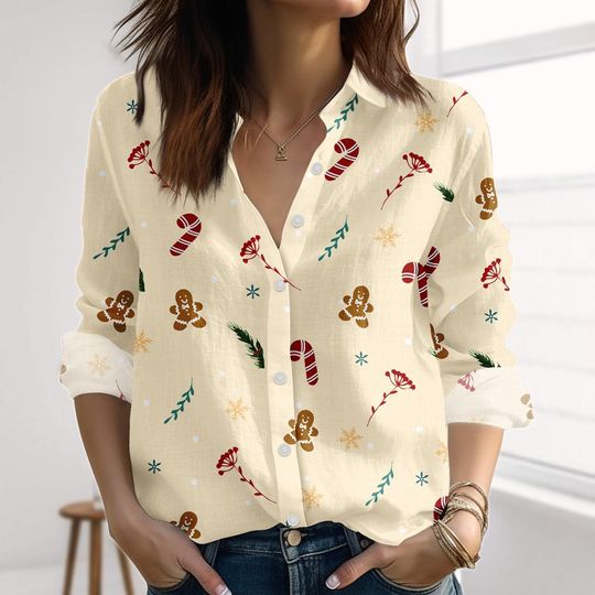 Discover Gingerbread Christmas Linen-Look Shirt, Merry Xmas Women Shirt, Candy Cane Xmas Blouse Shirt, Funny Holiday Button Down Shirt For Her