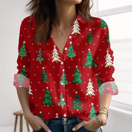 Discover Pine Tree Light Christmas Linen-Look Shirt, Merry Xmas Women Shirt, Christmas Tree Blouse Shirt, Festive Winter Button Down Shirt