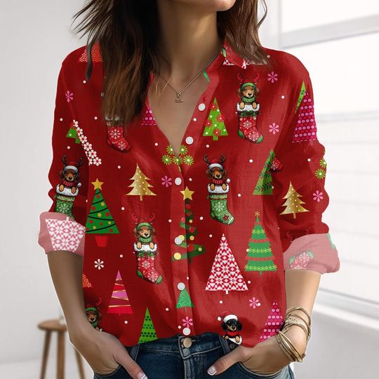 Discover Dachshund Christmas Linen-Look Shirt, Merry Xmas Women Shirt, Santa Dog Blouse Shirt, Animals Holiday Button Down Shirt For Pet Lovers