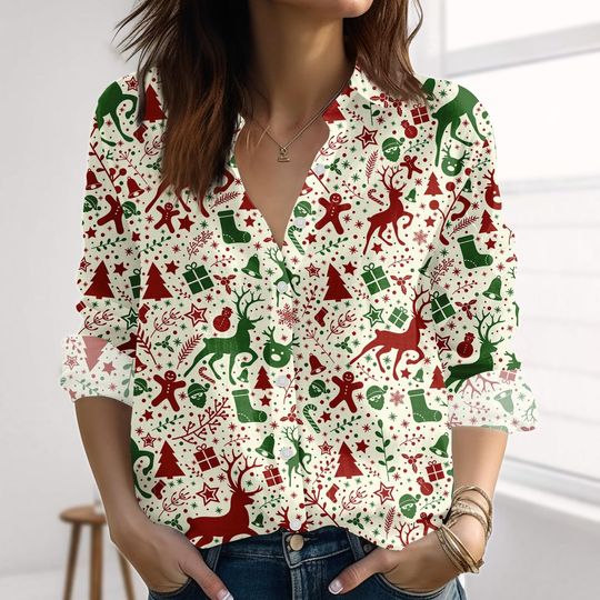 Christmas Reindeer Linen-Look Shirt, Candy Merry Xmas Women Shirt, Gingerbread Xmas Blouse Shirt, Xmas Button Down Shirt For Holiday