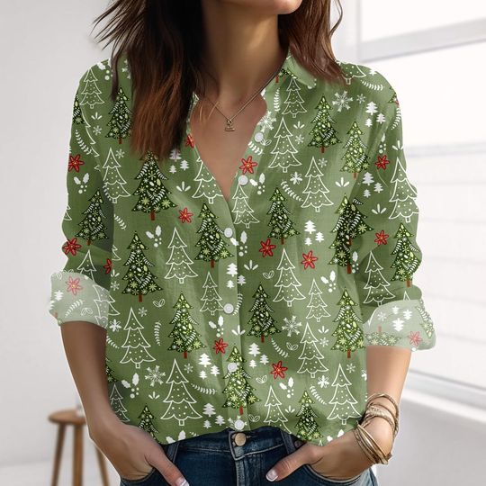 Discover Christmas Tree Linen-Look Shirt, Merry Xmas Snowflake Women Shirt, Pine Tree Xmas Blouse Shirt, Xmas Button Down Shirt For Holiday