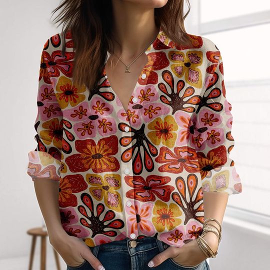 Retro Floral Linen-Look Shirt, 70s Flower Blouse Shirt, Vintage Boho Fall Shirt For Women
