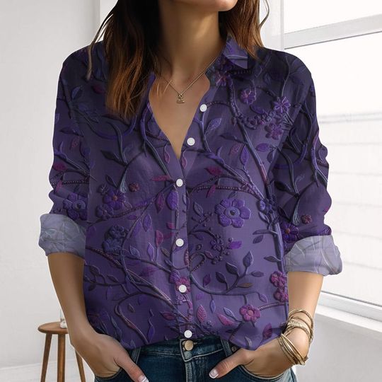 Discover Boho Floral Linen-Look Shirt, Retro Floral Flower Blouse Shirt, Long Sleeve Casual Top For Women, Gardening Shirt, Gift For Her