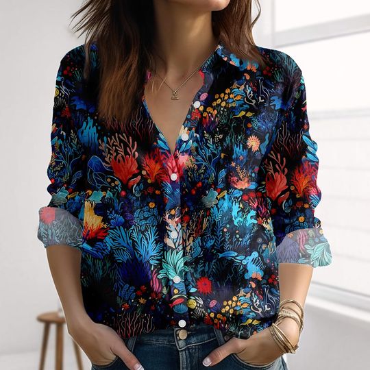 Discover Retro Ocean Linen-Look Shirt, Dark Sea Coral Women Shirt, Mermaid Aesthetic Blouse Shirt, Sea Love Button Up Shirt For Vacation