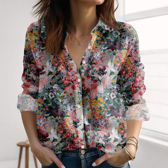 Tropical Floral Linen-Look Shirt, Botanical Garden Blouse Shirt, Nature Love Shirt for Women, Vintage Flowers Button Shirt, Summer Gift
