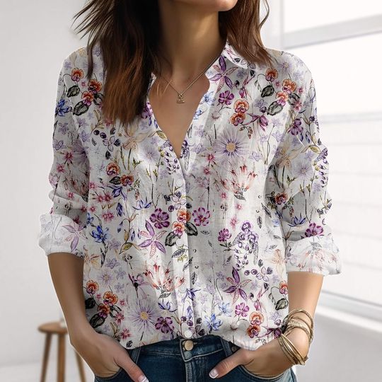 Retro Wildflower Linen-Look Shirt, Spring Floral Blouse for Women, Botanical Button Down Shirt